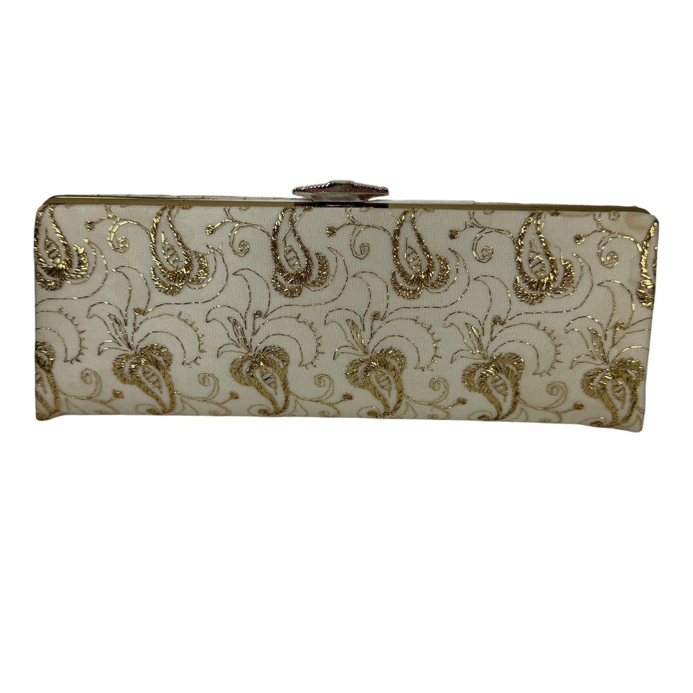 Vintage Gold Paisley Embroidered Evening Clutch Cream Metallic Formal Bag